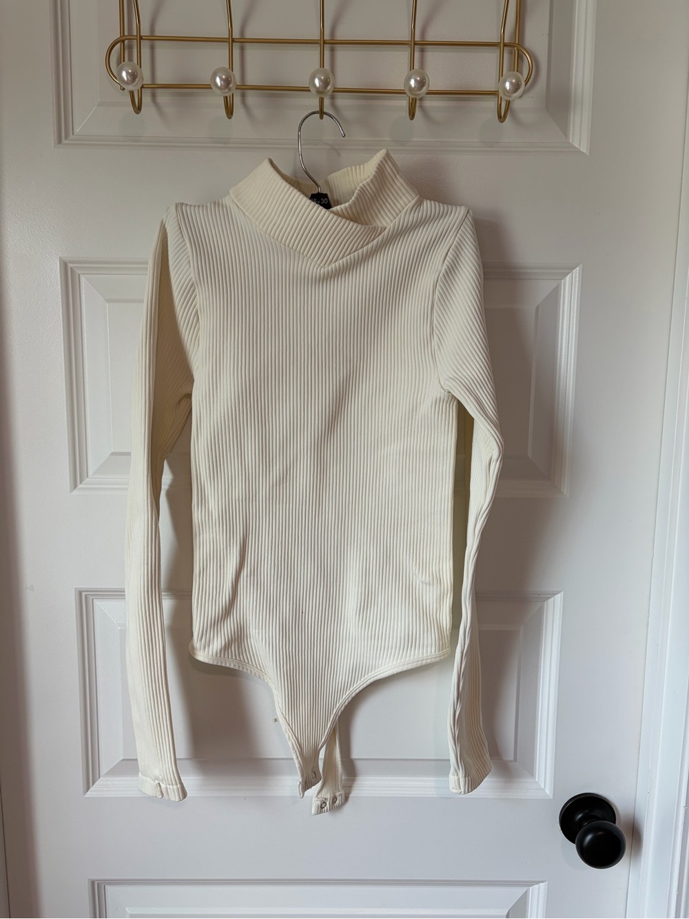 Free People Cream Ribbed Mock Neck Long Sleeve Bodysuit
